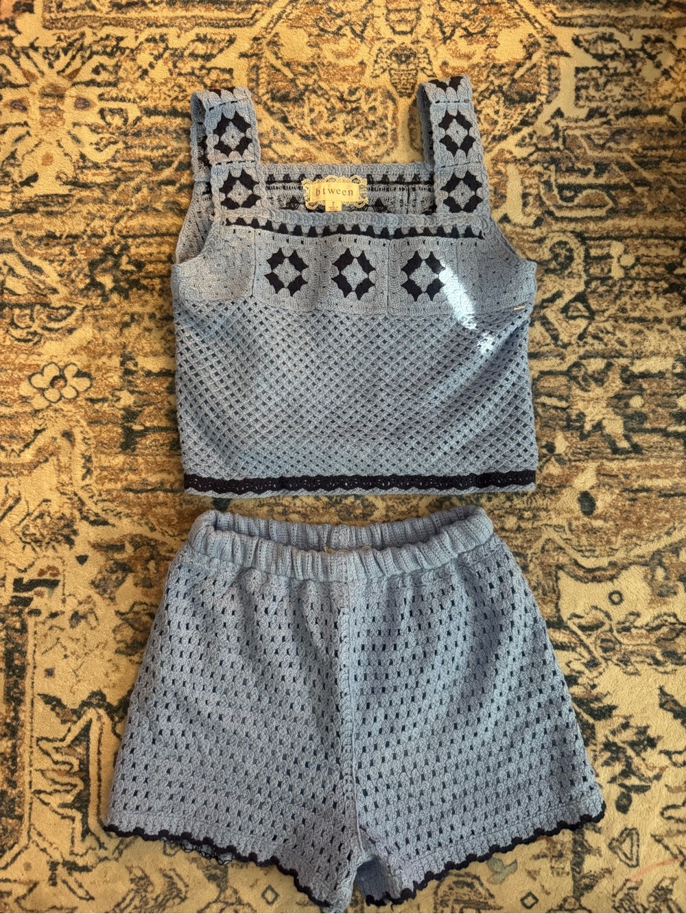 Btween Girls Light Blue Crochet Tank & Short  Set with Dark Trim